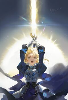 1girl absurdres armor arms_up artist_name artoria_pendragon_(fate) blonde_hair blue_dress breastplate chinese_commentary commentary_request cowboy_shot dated dress excalibur_(fate/stay_night) fate/stay_night fate_(series) faulds gauntlets glowing glowing_sword glowing_weapon green_eyes highres holding holding_above_head holding_sword holding_weapon looking_at_viewer open_mouth saber_(fate) signature solo sui_wo_qing_shan_qu sword teeth two-handed upper_teeth_only weapon