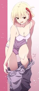 1girl :d blonde_hair breasts camisole cleavage clothes_pull collarbone commentary_request grey_camisole grey_pants hair_ribbon highres large_breasts looking_at_viewer lycoris_recoil nii_manabu nishikigi_chisato open_mouth panties pants pants_pull purple_panties red_eyes red_ribbon ribbon shirt short_hair smile solo thighs underwear undressing white_shirt
