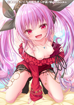 1girl :d arm_support bare_shoulders bed_sheet black_shorts black_socks blush breasts frilled_shirt frills hair_between_eyes kneeling long_hair long_sleeves looking_at_viewer matokechi melonbooks multicolored_hair no_shoes off-shoulder_shirt off_shoulder official_art open_mouth original pink_hair purple_hair red_eyes red_shirt shirt short_shorts shorts sleeves_past_wrists small_breasts smile socks solo streaked_hair torn_clothes torn_shorts twintails very_long_hair