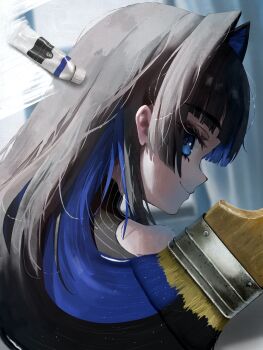 1girl absurdres aoteka black_hair blue_eyes blue_hair blunt_bangs blunt_ends closed_mouth colored_inner_hair commentary hair_intakes highres hime_cut hololive hololive_english long_hair looking_at_viewer looking_back multicolored_hair ouro_kronii ouro_kronii_(1st_costume) paint_tube paintbrush smile solo virtual_youtuber