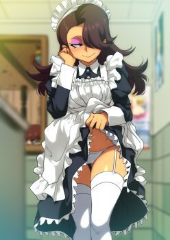 1girl alternate_costume apron black_dress black_hair blurry blurry_background blush brown_hair clothes_lift commentary depth_of_field dress dress_lift enmaided eyeshadow facing_viewer feet_out_of_frame flashing frills garter_straps hair_over_one_eye jcm2 lifting_own_clothes long_hair maid maid_apron maid_headdress makeup mascara panties presenting sideways_glance skindentation solo tan taylor_(the_loud_house) the_loud_house thighhighs underwear white_apron white_garter_straps white_panties white_thighhighs