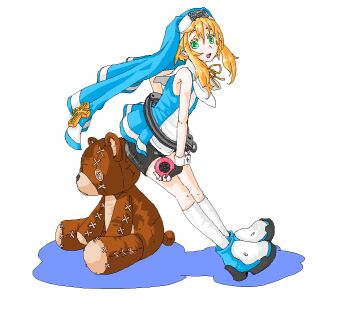 1boy :d ankle_boots arm_at_side arms_between_legs back-to-back bare_arms bare_shoulders bike_shorts black_shorts blonde_hair blue_boots blue_veil blue_vest boots bridget_(guilty_gear) button_eyes buttons colored_shadow cross cross_print floating_clothes from_side full_body green_eyes guilty_gear guilty_gear_xx guimpe hair_between_eyes hand_on_own_hip holding holding_toy kneehighs latin_cross leaning_forward leaning_on_object legs_together long_sidelocks looking_at_viewer male_focus mars_symbol neck_ribbon object_belt open_mouth oversized_object profile ribbon roger_(guilty_gear) shadow shirt short_hair short_hair_with_long_locks shorts sidelocks simple_background sitting sleeveless sleeveless_shirt smile socks standing stitches stuffed_animal stuffed_toy suparu_(detteiu) teddy_bear toy trap turning_head veil vest white_background white_shirt white_socks white_trim yellow_ribbon yo-yo