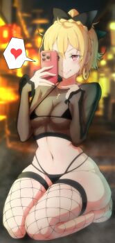 1girl absurdres bikini black_bikini blonde_hair blurry blurry_background blush bow braid breasts cedric_(gear_art) cellphone cross cross_necklace crown_braid earrings felt_(re:zero) female_focus fishnets hair_bow heart highres holding holding_phone hoop_earrings jewelry looking_at_viewer medium_breasts micro_bikini navel necklace outdoors phone re:zero_kara_hajimeru_isekai_seikatsu red_eyes seiza short_hair sitting smartphone smile solo spoken_heart swimsuit wide_hips