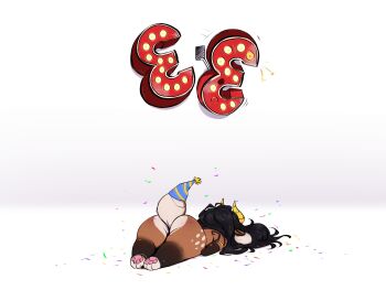1girl absurdres animal_ears ass birthday black_hair furry furry_female goat_girl goat_tail hat highres kody_(pudgeruffian) long_hair lying on_stomach original panties party_hat pudgeruffian simple_background solo tail underwear