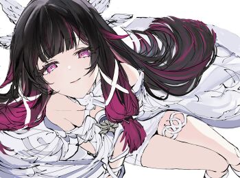 Rule 34 | 1girl, alvis tayl96598, bare shoulders, black hair, columbina (genshin impact), dress, feathered wings, genshin impact, gradient hair, hashtag-only commentary, head wings, highres, light smile, long hair, looking at viewer, multicolored hair, off-shoulder dress, off shoulder, pink eyes, pink hair, simple background, sketch, solo, white background, white dress, wings