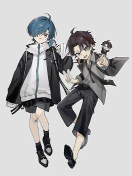 1boy aged_down androgynous belt black_belt black_shorts brown_hair green_hair hand_puppet highres hood hoodie loose_necktie male_focus merchandise necktie nijisanji puppet ryuushen saegusa_akina shorts shota twitwiii virtual_youtuber white_hoodie