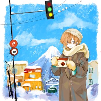 1boy asymmetrical_bangs bare_tree beanie bird bird_on_power_lines blue_sky brown_coat building camera closed_mouth cloud coat earbuds earphones gloves grey_eyes hair_between_eyes hat highres holding holding_camera house jiangduming lamppost long_sleeves looking_at_viewer mittens miyama_kei mountain multicolored_eyes open_clothes open_coat orange_hair orange_mittens outdoors paradox_live portrait power_lines road road_sign rural scarf scenery shirt short_hair sign sky smile snow snow_on_tree solo speed_limit_sign street town traffic_light tree trench_coat two-tone_eyes utility_pole winter winter_clothes winter_coat