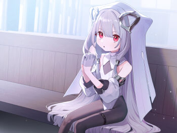 Rule 34 | 1girl, bare shoulders, commentary request, detached sleeves, expressionless, flat chest, gloves, grey hair, highres, hood, leotard, long hair, looking at viewer, nun, original, own hands clasped, own hands together, pantyhose, parted lips, praying, red eyes, signalviolet, sitting, solo