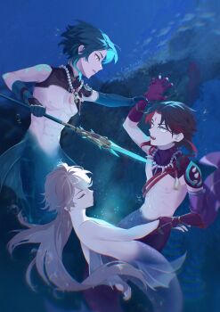 Rule 34 | 3boys, abs, aether (genshin impact), closed eyes, closed mouth, commentary, english commentary, genshin impact, gloves, green eyes, highres, holding, holding another's wrist, holding polearm, holding weapon, jewelry, lim3cake, male focus, merman, monster boy, multiple boys, necklace, nipples, no shirt, open mouth, pearl necklace, polearm, teeth, underwater, watermark, weapon, xiao (genshin impact), yellow eyes