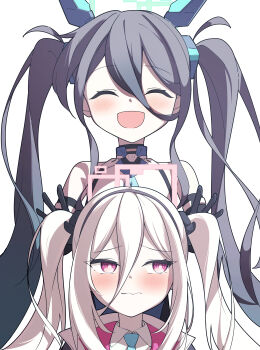 2girls :d ^_^ absurdres alternate_hairstyle aqua_halo aris_(armed)_(blue_archive) aris_(blue_archive) bare_shoulders black_gloves black_hair black_hairband blue_archive blue_necktie blush bright_pupils bunching_hair closed_eyes closed_mouth commentary_request double-parted_bangs elbow_gloves facing_viewer furrowed_brow gloves hair_between_eyes hairband halo happy headgear highres holding_another's_hair kei_(blue_archive) kei_(new_body)_(blue_archive) leotard long_hair long_hair_between_eyes looking_at_viewer looking_to_the_side multiple_girls muu3_illust necktie official_alternate_costume official_alternate_hairstyle open_mouth pink_halo portrait rectangular_halo red_eyes ringed_eyes school_uniform sidelocks simple_background smile tsurime twintails twintails_day upper_body very_long_hair wavy_mouth white_background white_hair white_leotard white_pupils