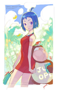 1girl ahoge animal animal_on_head aqua_bag archived_source armlet artist_name bag bare_arms bare_shoulders bird blue_sky blush bob_cut border breasts bug butterfly can closed_mouth cloud coconut coconut_tree commentary commentary_request cowboy_shot cropped_legs cumulonimbus_cloud day dot_nose dress drink_can english_commentary english_text flower gold_armlet holding holding_bag holding_can insect jewelry korean_commentary looking_to_the_side narrow_waist necklace on_head opon original palm_tree purple_eyes red_bird red_flower red_fur red_lips short_bangs short_dress short_hair signature skinny sky sleeveless sleeveless_dress small_breasts smile soda_can tree white_border yellow_butterfly yellow_eyes