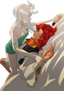 2girls absurdres asticassia_school_uniform blue_eyes breasts camisole cleavage green_camisole green_shorts gundam gundam_suisei_no_majo highres holding_another&#039;s_wrist jacket long_hair medium_breasts miorine_rembran multiple_girls open_clothes open_jacket open_mouth red_hair school_uniform shorts simple_background snapagi strap_slip suletta_mercury tears thick_eyebrows white_background white_hair white_jacket white_shorts yuri