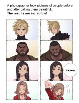 Rule 34 | 2boys, 2girls, absurdres, aerith gainsborough, barret wallace, black hair, blonde hair, blush, bow, brown hair, cloud strife, commentary, dark-skinned male, dark skin, earrings, embarrassed, english commentary, english text, final fantasy, final fantasy vii, green eyes, grin, hair bow, highres, hugo artist, jewelry, looking at viewer, multiple boys, multiple girls, photo-referenced, pink bow, portrait, red eyes, short hair, single earring, sleeveless, sleeveless turtleneck, smile, speech bubble, spiked hair, straight-on, tifa lockhart, turtleneck