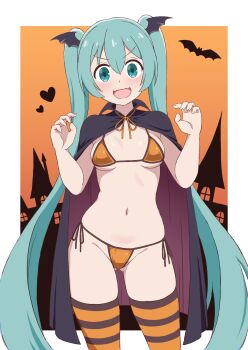 1girl absurdres aqua_eyes aqua_hair bikini blush breasts fangs halloween hatsune_miku highres long_hair looking_at_viewer medium_breasts micro_bikini navel orange_background orange_bikini side-tie_bikini_bottom simple_background smile solo striped_clothes striped_thighhighs swimsuit thighhighs twintails two-tone_cape usazirou539 vampire very_long_hair vocaloid