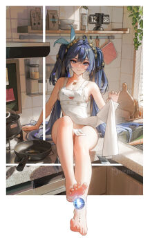 1girl absurdres apron bare_legs barefoot beads blue_eyes blue_hair blush bottle bowl breasts carrot chalkboard cleavage clock cucumber cutting_board faucet feet hair_ornament highres holding_apron indoors iuno_(wuthering_waves) jar jewelry kitchen large_breasts leaf leaf_hair_ornament long_hair naked_apron necklace nereus_(ta03545) no_panties photo_(object) plate sitting soles solo tacet_mark_(wuthering_waves) toenails toes twintails very_long_hair white_apron window wuthering_waves