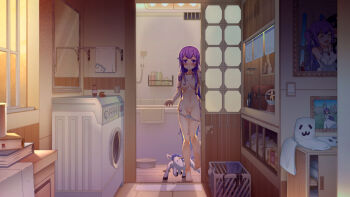 1girl absurdres animal azur_lane bad_id bad_pixiv_id barefoot bath blue_hair blush book bookmark bra breasts colored_eyelashes commentary dalian_(1457091741) dress female_focus gradient_hair hair_censor hair_over_breasts highres huge_filesize indoors laundry_basket long_hair looking_at_viewer map medium_breasts mirror multicolored_hair navel nipples nose_blush panties panty_pull parted_lips photo_(object) picture_frame purple_dress purple_eyes purple_hair pussy reflection shampoo_bottle shower_head solo standing standing_on_one_leg topless_female underwear underwear_only unicorn_(azur_lane) unworn_bra unworn_dress very_long_hair washing_machine white_bra white_panties window winged_unicorn
