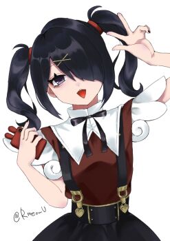1girl :d ame-chan_(needy_girl_overdose) cowboy_shot diagonal_bangs grin hair_over_one_eye hand_up head_tilt holding holding_phone looking_at_viewer neck_ribbon needy_girl_overdose open_mouth phone purple_eyes red_shirt ribbon rmeowu shirt short_twintails sidelocks skirt smile solo suspender_skirt suspenders twintails v winged_sleeves