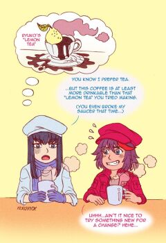 beret blue_eyes broken_plate coffee_mug cup embarrassed english_text flashback food fruit hat herokick kill_la_kill kiryuuin_satsuki lemon long_hair matoi_ryuuko mug plate remembering scarf speech_bubble spill steam talking tea thick_eyebrows thought_bubble
