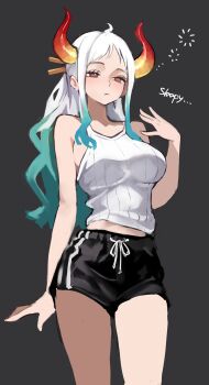 1girl absurdres black_background black_shorts breasts brown_eyes commentary_request english_text green_hair highres horns kasumi_6 large_breasts long_hair one_piece orange_horns shorts simple_background sleepy sleeveless sleeveless_sweater sweater white_hair white_sweater yamato_(one_piece)