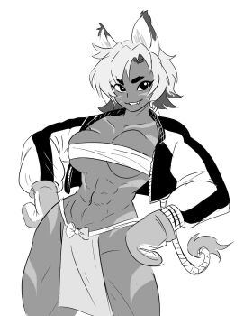 1girl abs animal_ears body_markings borrowed_character bow breasts budget_sarashi commentary cowboy_shot cropped_jacket dark-skinned_female dark_skin english_commentary fang greyscale highres jacket large_breasts letterman_jacket monochrome muscular muscular_female original oven_mitts pelvic_curtain sarashi short_hair solo spicymancer tail thick_eyebrows thick_thighs thighs tiger_ears tiger_girl tiger_nut_milk_(bakuatsukiyu) tiger_tail
