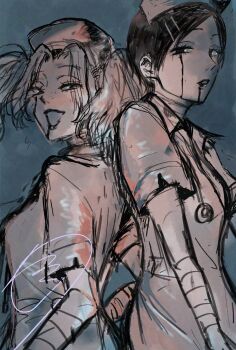 2girls :d ahhirumarull2 back-to-back bandaged_arm bandaged_neck bandages blood blood_on_clothes blood_on_face blue_background collared_dress commentary_request curtained_hair dress fake_blood freckles futsuu_no_keion-bu hair_ornament hairpin halloween_costume hat highres kouyama_rin limited_palette looking_at_viewer matching_outfits multiple_girls nurse nurse_cap official_alternate_costume official_alternate_hairstyle open_mouth parted_bangs parted_lips pixie_cut short_hair short_sleeves sketch smile stethoscope stethoscope_around_neck torn_clothes torn_dress tsuru_asaka twintails