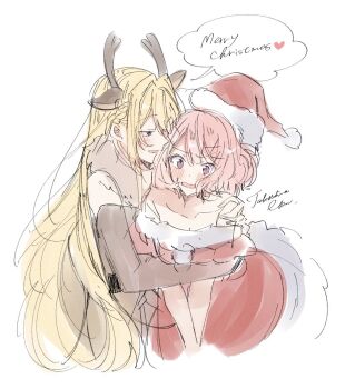 2girls amaori_renako animal_costume animal_ears antlers artist_name blonde_hair braid breasts christmas cleavage collarbone deer_ears dress floating_hair from_side hair_intakes hand_on_another's_shoulder hat highres horns hug long_hair medium_hair merry_christmas multiple_girls open_mouth ouzuka_mai pink_hair profile red_dress red_hat reindeer_antlers reindeer_costume santa_costume santa_dress santa_hat second-party_source signature sketch takeshima_eku very_long_hair watashi_ga_koibito_ni_nareru_wake_naijan_murimuri! wavy_mouth yuri