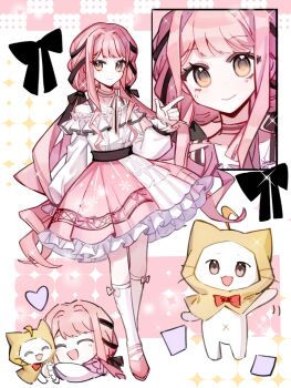 Rule 34 | 1girl, ^ ^, ahoge, animal, animal hug, bare shoulders, belt, black belt, black bow, black ribbon, blunt bangs, bow, bow choker, bow legwear, bowtie, bra strap, brown eyes, cat, center frills, chibi, chinese commentary, choker, cloak, closed eyes, closed mouth, clothed animal, commentary request, cropped torso, cross-laced clothes, cross-laced legwear, ear covers, eyelashes, eyes visible through hair, finger gun, frilled shirt, frilled skirt, frilled sleeves, frills, fwxcfq, hair bow, hair ribbon, happy, heart, high heels, highres, hood, hood up, hooded cloak, hug, infinity nikki, kneehighs, layered skirt, light blush, long hair, long sidelocks, long sleeves, looking at viewer, low twintails, medium skirt, momo (nikki), multiple views, navel, nikki (nikki), nikki (series), off-shoulder shirt, off shoulder, perfect start (infinity nikki), pink background, pink bow, pink bowtie, pink choker, pink hair, pink ribbon, pink shoes, pink skirt, pleated skirt, print skirt, puffy long sleeves, puffy sleeves, pumps, red bow, red bowtie, ribbon, shirt, shoes, sidelocks, single stripe, skirt, sleeves past wrists, smile, snowflake print, socks, sparkle, striped bow, striped bowtie, striped choker, striped clothes, traditional bowtie, tress ribbon, twintails, two-tone background, very long hair, waving, wavy hair, whiskers, white background, white cat, white shirt, white skirt, white socks, yellow cloak