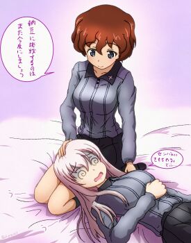 Rule 34 | akaboshi koume, black skirt, breasts, brown hair, commentary request, dizzy, girls und panzer, girls und panzer little army, grey shirt, grey socks, haiiro purin, highres, kuromorimine school uniform, lap pillow, long hair, lying, mattress, miniskirt, pink hair, school uniform, sheska (girls und panzer), shirt, short hair, skirt, socks, translation request