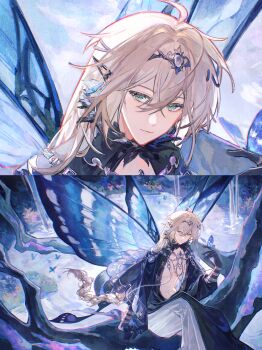 1boy absurdres ahoge alkaid_mcgrath bangle black_capelet black_gloves black_robe blonde_hair blue_butterfly blue_gemstone blue_wings bracelet braid bug butterfly butterfly_on_hand butterfly_wings capelet chinese_commentary circlet closed_mouth convenient_censoring ear_covers fairy fairy_wings flower from_above fur_collar gem gloves grass green_eyes hair_between_eyes highres in_tree insect insect_wings jewelry lake light_smile long_hair long_sleeves looking_at_viewer lovebrush_chronicles low-braided_long_hair low-tied_long_hair male_focus multiple_bracelets multiple_necklaces multiple_rings multiple_views necklace official_alternate_costume open_clothes open_robe pink_flower pointy_ears portrait puffy_long_sleeves puffy_sleeves ring robe silver_necklace sitting sitting_in_tree solo split_screen tiantaiyouyong tree two-tone_robe very_long_hair water waterfall white_robe wings