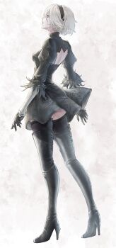 1girl 2b_(nier:automata) absurdres back_cutout black_boots black_dress black_gloves black_hairband black_thighhighs blue_eyes boots breasts clothing_cutout commentary dress english_commentary feather_trim from_side full_body gloves hair_between_eyes hairband highres juliet_sleeves long_sleeves medium_breasts mole mole_under_mouth nier:automata nier_(series) open_mouth profile puffy_sleeves short_hair skindentation solo standing thigh_boots thighhighs thighs tomozoo83 turtleneck turtleneck_dress white_hair zettai_ryouiki