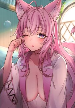 Rule 34 | 1girl, absurdres, animal ears, antenna hair, bent over, blue eyes, blush, breasts, cleavage, coat, collarbone, drooling, fingernails, hakui koyori, hakui koyori (1st costume), highres, hololive, indoors, jakoten (pixiv 54744064), lab coat, large breasts, long hair, long sleeves, multicolored eyes, nail polish, one eye closed, open mouth, pink eyes, pink hair, pink nails, purple eyes, rubbing eyes, solo, tearing up, test tube, virtual youtuber, white coat, wide sleeves, window, wolf ears, wolf girl