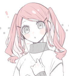 Rule 34 | !, 1girl, blush stickers, earbuds, earphones, grey eyes, high collar, limited palette, long hair, long sleeves, looking at viewer, maco22, open mouth, original, pink hair, solo, sweater, twintails, upper body
