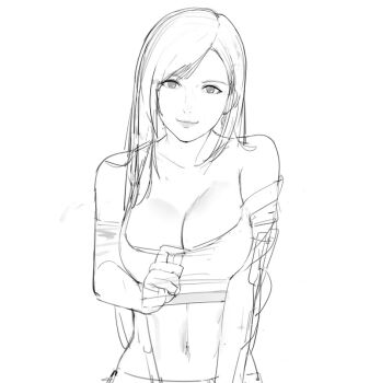 1girl asymmetrical_gloves breasts cleavage elbow_gloves female_focus final_fantasy final_fantasy_vii fingerless_gloves gloves gradient_background j@ck large_breasts long_hair looking_at_viewer multicolored_hair simple_background sketch solo spread_legs streaked_hair suspenders tifa_lockhart uneven_gloves unfinished