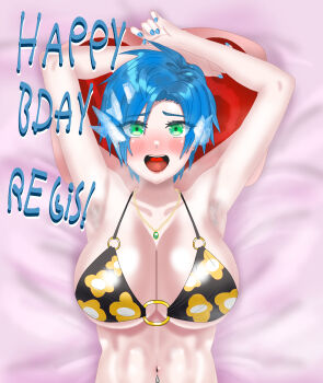 1girl absurdres alternate_breast_size armpit_crease armpit_stubble armpits bed bedroom bikini bikini_top_only black_bikini blue_hair blue_nail_polish blue_nails breasts cleavage cosplay eddarxart english_text eyes_visible_through_hair female_focus flower_print furrowed_brow genderswap genderswap_(mtf) green_eyes happy happy_birthday highres holostars holostars_english holotempus ice in_bed jewelry kitagawa_marin kitagawa_marin_(cosplay) large_breasts looking_at_viewer lying midriff nail_polish navel navel_piercing necklace on_back piercing regis_altare solo sono_bisque_doll_wa_koi_wo_suru swimsuit upper_body virtual_youtuber waiting_for_kiss yes-no_pillow