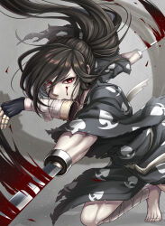 Rule 34 | 1boy, amputee, bandaged arm, bandaged leg, bandages, barefoot, black kimono, blood, blood on face, bloody weapon, dororo (tezuka), double amputee, fingerless gloves, floating hair, foot out of frame, gloves, grey background, hair between eyes, highres, hyakkimaru (dororo), japanese clothes, kimono, long hair, looking at viewer, male focus, mouth hold, piroshiki (piroshiki13), ponytail, prosthetic weapon, red eyes, slashing, solo, toes, toned, toned male, torn clothes, torn kimono, weapon