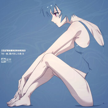 1girl absurdres artist_name ayanami_rei blending blue_background blue_hair blue_one-piece_swimsuit breasts closed_mouth commentary_request from_side highres knees_up neon_genesis_evangelion nureta_kasa one-piece_swimsuit red_eyes shoulder_blades simple_background sitting small_breasts solo swimsuit