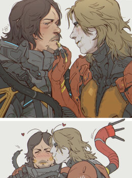 2boys arm_around_shoulder black_eyeshadow black_jacket blonde_hair blush brown_hair buckle closed_eyes commentary cosmetics couple death_stranding death_stranding_2:_on_the_beach eyeshadow facial_hair hamms_hamss heart higgs_(death_stranding) highres holding holding_lipstick_tube jacket kiss kissing_cheek lipstick_tube long_hair looking_at_another makeup male_focus multiple_boys mustache pale_skin parted_bangs parted_lips sam_porter_bridges sequential snap-fit_buckle teeth tube yaoi