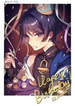 1boy 2girls 6+boys aether_(genshin_impact) blue_eyes blue_hair blush cake confetti crumbs cyno_(genshin_impact) durin_(genshin_impact) food fork genshin_impact happy_birthday hat highres holding holding_fork looking_at_viewer male_focus mandarin_collar multiple_boys multiple_girls nahida_(genshin_impact) paimon_(genshin_impact) party_hat polaroid_photo purple_eyes purple_hair red_eyes scaramouche_(genshin_impact) sethos_(genshin_impact) sleeveless solo sweat teeth tighnari_(genshin_impact) wanderer_(genshin_impact) watermark yunhhj