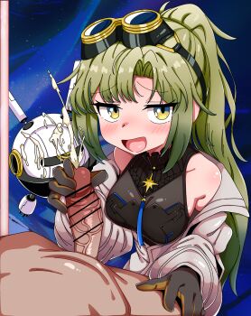 Rule 34 | 1girl, arcaea, bar censor, bare shoulders, bdsm, black gloves, black shirt, black skirt, blush, breasts, censored, cum, curtained hair, femdom, glansjob, gloved handjob, gloves, goggles, green hair, handjob, high ponytail, highres, jacket, leather, leather skirt, maigo no haien, medium breasts, medium hair, mesugaki, nonoka (arcaea), penis milking, ponytail, pov, sadism, seductive smile, see-through clothes, shirt, skirt, smile, solo, two-tone gloves, white jacket, white sleeves, yellow eyes, yellow gloves
