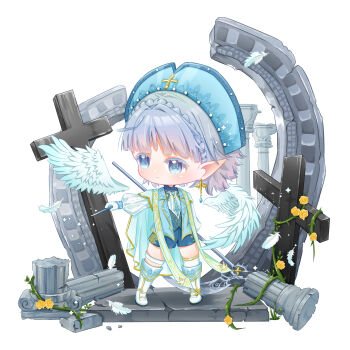 1girl absurdres apron beads blue_eyes blue_hat blue_shirt blue_shorts blue_vest boots braid cape chibi chinese_commentary collared_vest colored_eyelashes commentary_request cross cross_earrings crown_braid earrings elf expressionless feathers flower gloves gold_earrings grey_hair happy hat highres holding holding_wand jewelry knee_boots lapels light_particles long_sleeves looking_to_the_side nikki_(series) notched_lapels open_clothes open_vest pillar pointy_ears puffy_long_sleeves puffy_sleeves rose ruins shenqi_tuoxie_zai_nali shining_nikki shirt short_hair shorts simple_background single_thighhigh solo standing stole stylist_(nikki) tareme thigh_strap thighhighs thorns vest wand white_apron white_background white_boots white_cape white_gloves white_shirt white_thighhighs yellow_flower yellow_rose