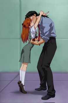 1boy 1girl age_difference amondetauro beard_stubble black_hair black_pants black_shoes blue_shirt blush facial_hair full_body green_skirt green_vest height_difference hetero highres holding holding_pregnancy_test hug implied_pregnancy interface_headset_(evangelion) jewelry kaji_ryouji kiss long_hair marriage_proposal mature_male necktie neon_genesis_evangelion older_male_and_younger_female orange_hair pants ponytail pregnancy_test red_necktie ring school_uniform shirt shoes skirt socks souryuu_asuka_langley standing stubble tiptoe_kiss tiptoes tokyo-3_middle_school_uniform vest wedding_ring white_shirt white_socks wide-eyed