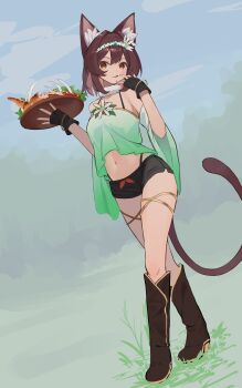 1girl :q absurdres animal_ears bangle bare_shoulders black_panties black_shorts boots bracelet breasts brown_boots brown_hair camisole cat_ears cat_girl cat_tail cherry_tomato commentary_request detached_sleeves flower_hairband food full_body fur_collar gold_bangle gold_thighlet green_camisole halterneck hand_to_own_mouth highleg highleg_panties highres holding holding_plate jewelry looking_at_viewer meat medium_breasts midriff navel original panties panty_straps plate salad short_hair short_shorts shorts sl10_d stomach tail thighlet tomato tongue tongue_out underwear wide_sleeves wooden_plate