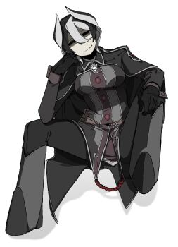 1girl allsu_official black_coat black_eyes black_gloves black_hair coat empty_eyes full_body gloves grey_hair hair_horns hashtag-only_commentary head_rest highres looking_at_viewer made_in_abyss multicolored_hair ozen short_hair simple_background sitting solo streaked_hair white_background