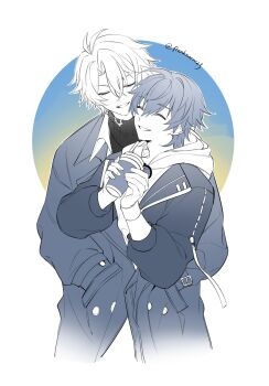 2boys antenna_hair arm_around_waist artist_name blue_background buttons caelus_(honkai:_star_rail) caelus_(world_tour_2023)_(honkai:_star_rail) closed_eyes coat collared_shirt crossed_bangs cup disposable_coffee_cup disposable_cup drinking_straw fingernails freaknaru123 gradient_background greyscale_with_colored_background hair_between_eyes hand_in_pocket hands_up highres holding holding_cup honkai:_star_rail honkai_(series) hood hoodie jacket lapels long_sleeves male_focus multiple_boys official_alternate_costume open_clothes open_coat open_jacket open_shirt outside_border phainon_(honkai:_star_rail) phainon_(luckin_coffee)_(honkai:_star_rail) puffy_long_sleeves puffy_sleeves shirt short_hair smile sunglasses sweater teeth trailblazer_(honkai:_star_rail) turtleneck turtleneck_sweater two-tone_background unworn_eyewear yaoi yellow_background