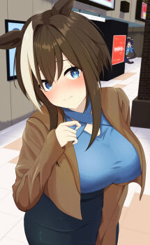 2girls absurdres alternate_costume animal_ears black_skirt blue_eyes blue_shirt blush brown_hair brown_jacket cheval_grand_(umamusume) hair_between_eyes hat head_tilt highres horse_ears horse_girl jacket long_hair looking_at_viewer mog_(user_mtvk5888) multicolored_hair multiple_girls open_clothes open_jacket sailor_hat shirt skirt solo_focus streaked_hair umamusume vivlos_(casual)_(umamusume) vivlos_(umamusume) white_hair white_hat