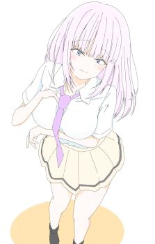 1girl azuminonomizua blunt_bangs blush breasts collared_shirt hair_between_eyes highres katou_asuka large_breasts long_hair looking_at_viewer necktie pink_hair purple_necktie school_uniform shirt skirt smile solo watashi_ga_motenai_no_wa_dou_kangaetemo_omaera_ga_warui! yellow_skirt