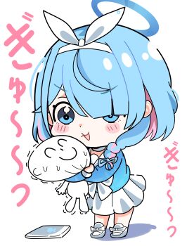 1boy 1girl :d :t absurdres arona_(blue_archive) blue_archive blue_eyes blue_hair blue_halo blue_shirt blunt_bangs blush_stickers bow braid chibi chibi_only choke_hold choker commentary doodle_sensei_(blue_archive) footwear_bow full_body hair_bow hair_over_one_eye hairband halo highres hug long_bangs long_sleeves looking_at_another looking_down miniskirt multicolored_hair open_mouth pink_hair pleated_skirt saabyboi sailor_collar school_uniform sensei_(blue_archive) serafuku shirt shoes short_hair simple_background single_braid skirt smile solo_focus sound_effects standing strangling sweat tareme two-tone_hair v-shaped_eyebrows white_background white_bow white_choker white_hairband white_sailor_collar white_shoes white_skirt