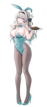 1girl absurdres animal_ear_hairband animal_ears bare_shoulders baumkuchen black_hairband blue_pupils bow bowtie breasts commentary_request covered_navel detached_collar dress fake_animal_ears fake_tail firefly_(honkai:_star_rail) green_bow green_bowtie green_hair grey_hair grey_pantyhose hairband highres holding holding_plate honkai:_star_rail honkai_(series) large_breasts long_hair looking_at_viewer merchandise_available miko_(royal_milk) multicolored_hair pantyhose plate playboy_bunny purple_eyes rabbit_ears rabbit_tail simple_background solo strapless strapless_dress tail tongue tongue_out two-tone_hair white_background wrist_cuffs