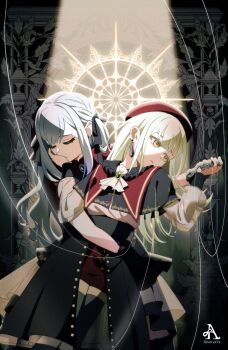 2girls absurdres ascot bang_dream! bang_dream!_it&#039;s_mygo!!!!! black_capelet black_ribbon black_skirt blue_hair capelet closed_eyes closed_mouth commentary doumucchi earrings expressionless green_hair hair_ribbon hashtag-only_commentary hat highres holding_hands hug hug_from_behind jewelry kiss kissing_hand long_hair mortis_(bang_dream!) mortis_(costume)_(bang_dream!) multiple_girls oblivionis_(bang_dream!) puppet_strings red_hat red_shirt red_shorts ribbon shirt shorts skirt togawa_sakiko two_side_up wakaba_mutsumi white_ascot yellow_eyes yuri