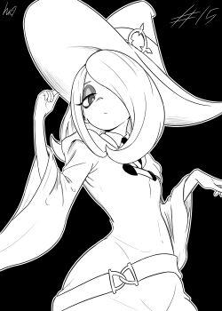 1girl absurdres adjusting_clothes adjusting_headwear breasts commentary dress from_below hair_over_one_eye hat highres hooded_dress little_witch_academia lughost luna_nova_school_uniform makeup narrow_waist school_uniform signature small_breasts solo sucy_manbavaran upper_body wide_hips wide_sleeves witch_hat